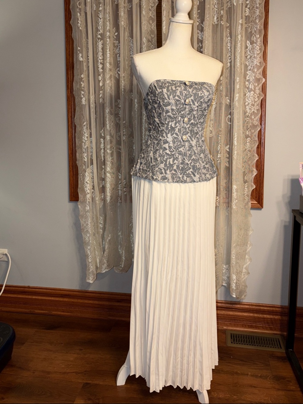Strapless Floral Bustier with White Pleated Maxi Skirt